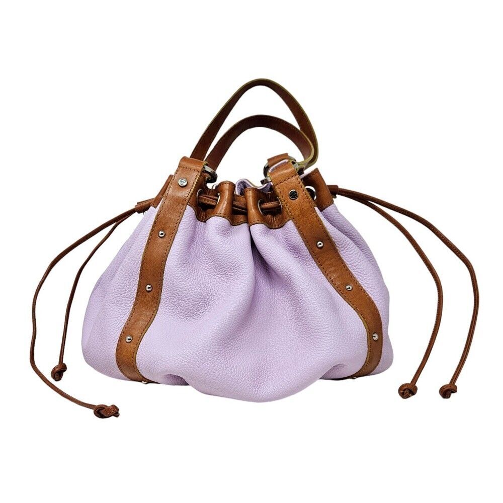 Lilac Drawstring Shoulder Bag with Brown Trim